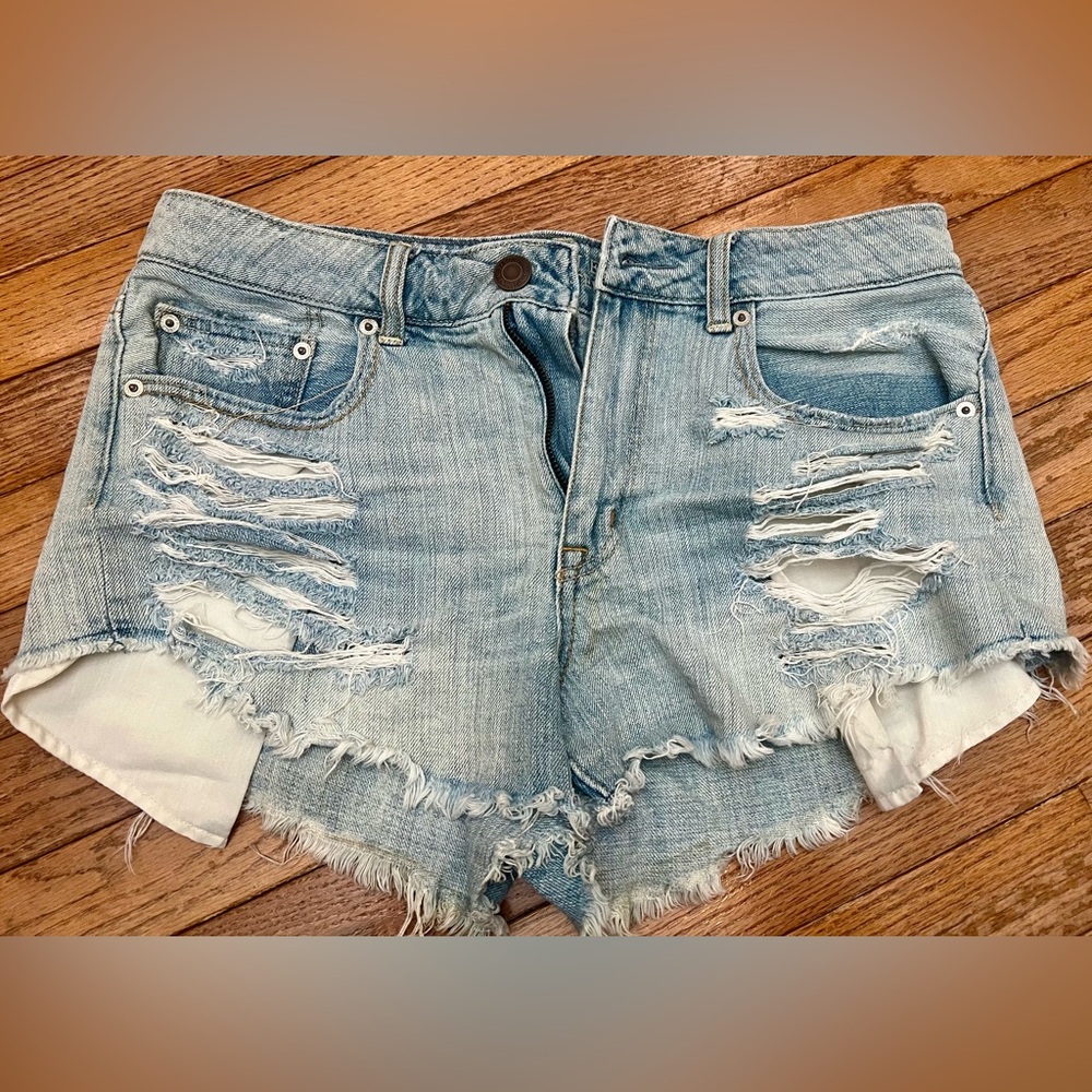 American Eagle Outfitters Ripped Light Blue Jean Shorts Hi Rise Festival 8